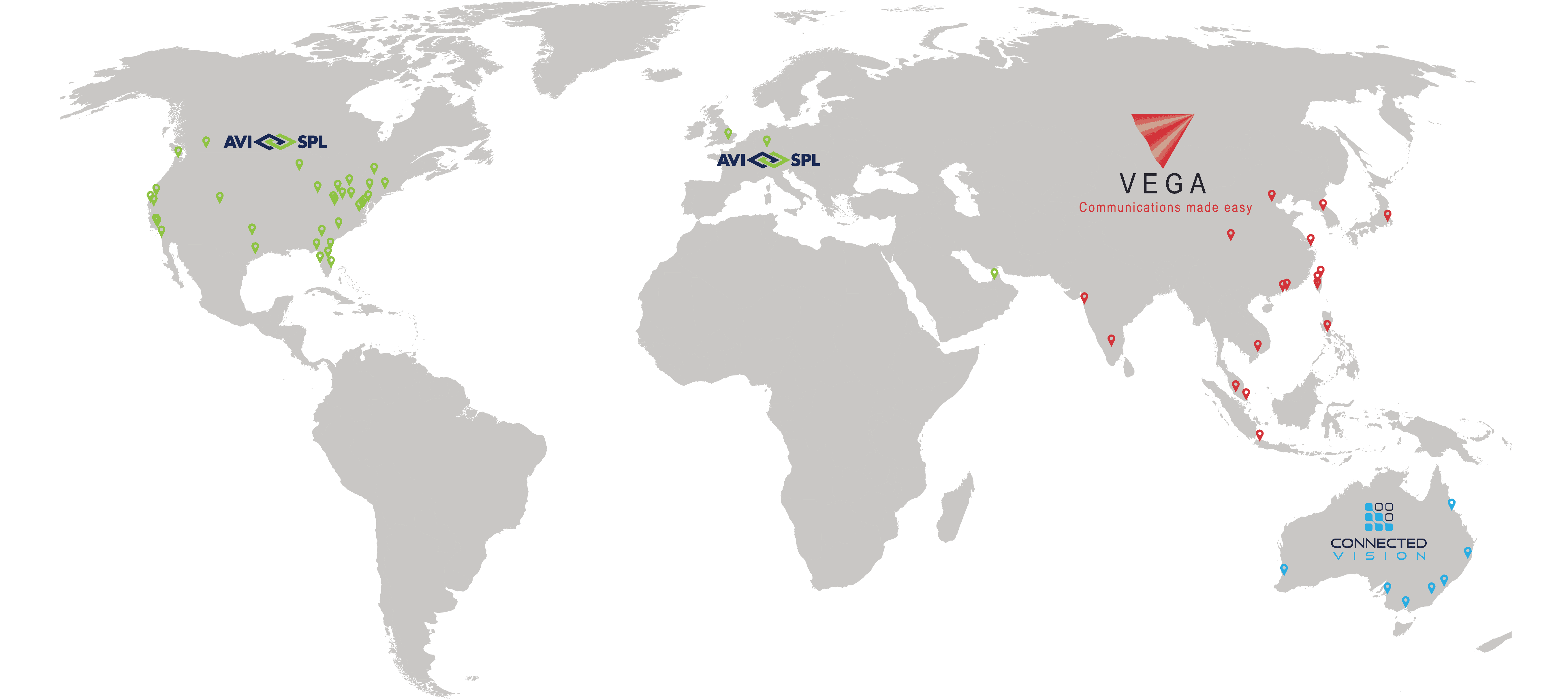 Map shows: AMX & SPL in US, AMX in Europe, VEGA in China, red in India & SE Asia, Eco Info/Connected Vision in Australia.