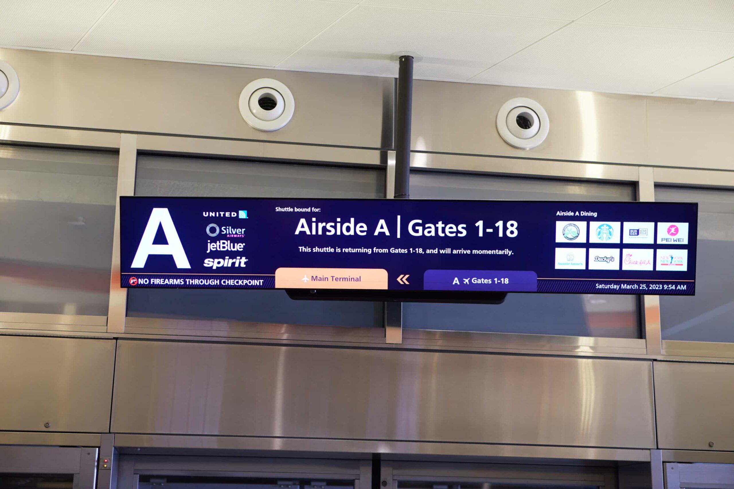 Airside A: Gates 1-18, United, Silver, JetBlue, Spirit; Shuttle service; No firearms past checkpoint. Sat, Mar 25, 2023.