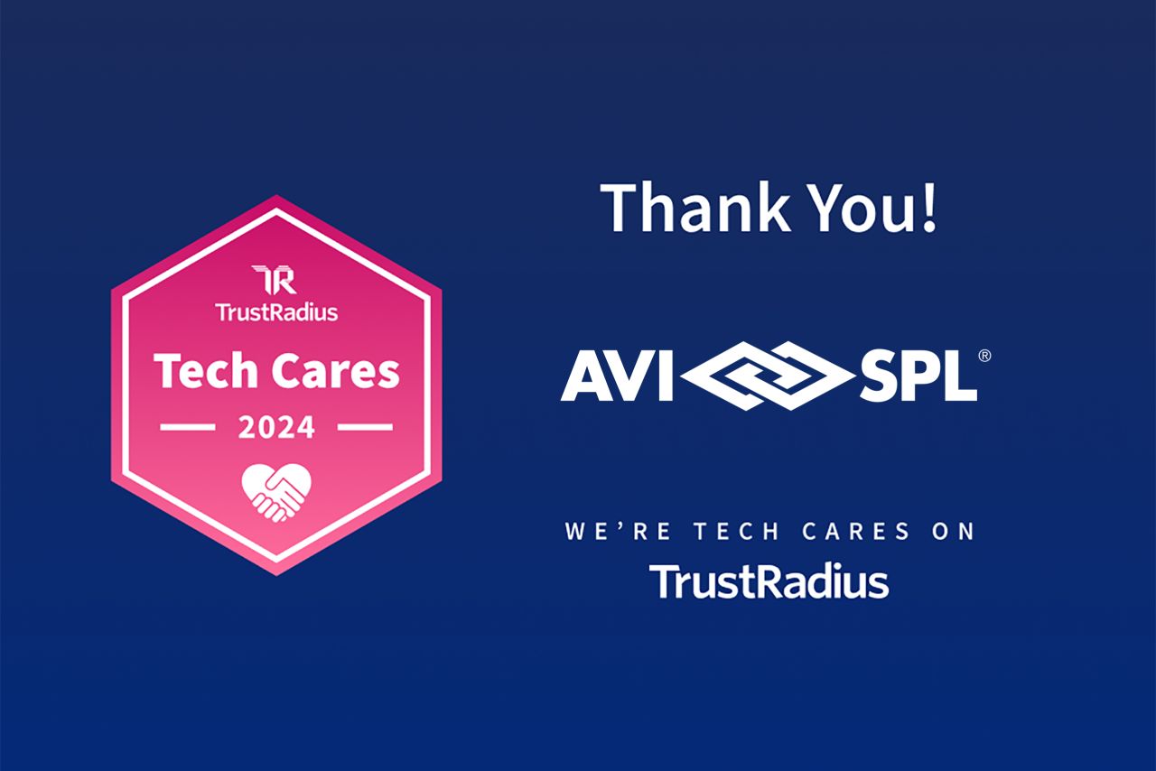 Sure! Heres a concise version with less than 125 characters:
Blue background: pink badge TrustRadius Tech Cares 2024 with handshake icon. Text: Thank You! AVI SPL - Were Tech Cares on TrustRadius..