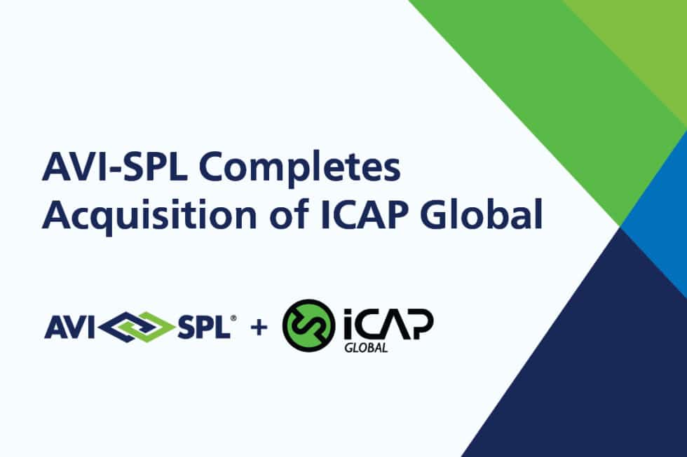 Certainly! Heres a shortened version for you:
AVI-SPL Acquires ICAP Global with AVI-SPL & ICAP Global logos on a green, blue, and white geometric background.
