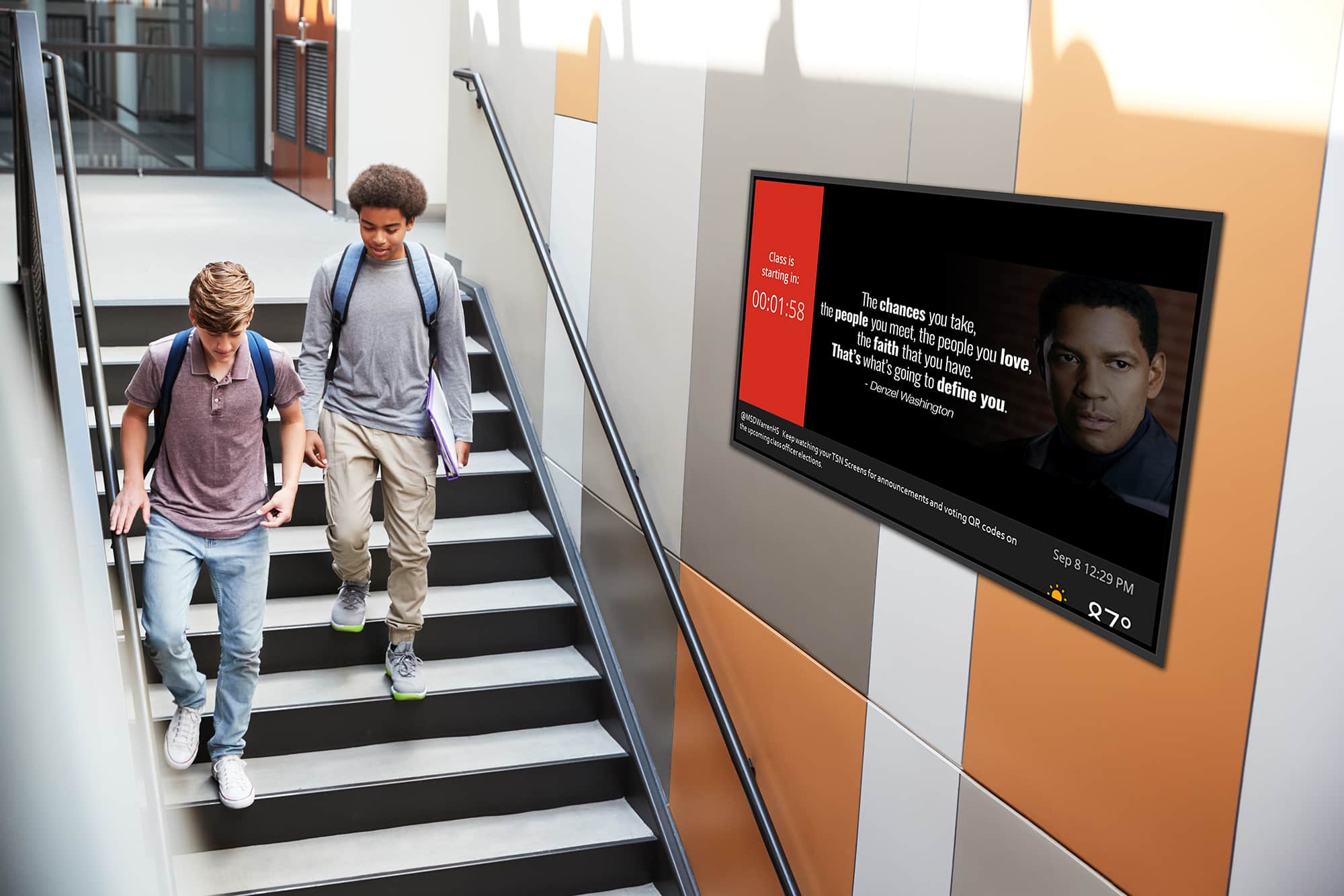 Two young men with backpacks descend a staircase. A digital screen shows a timer, message about choices, and a mans image.